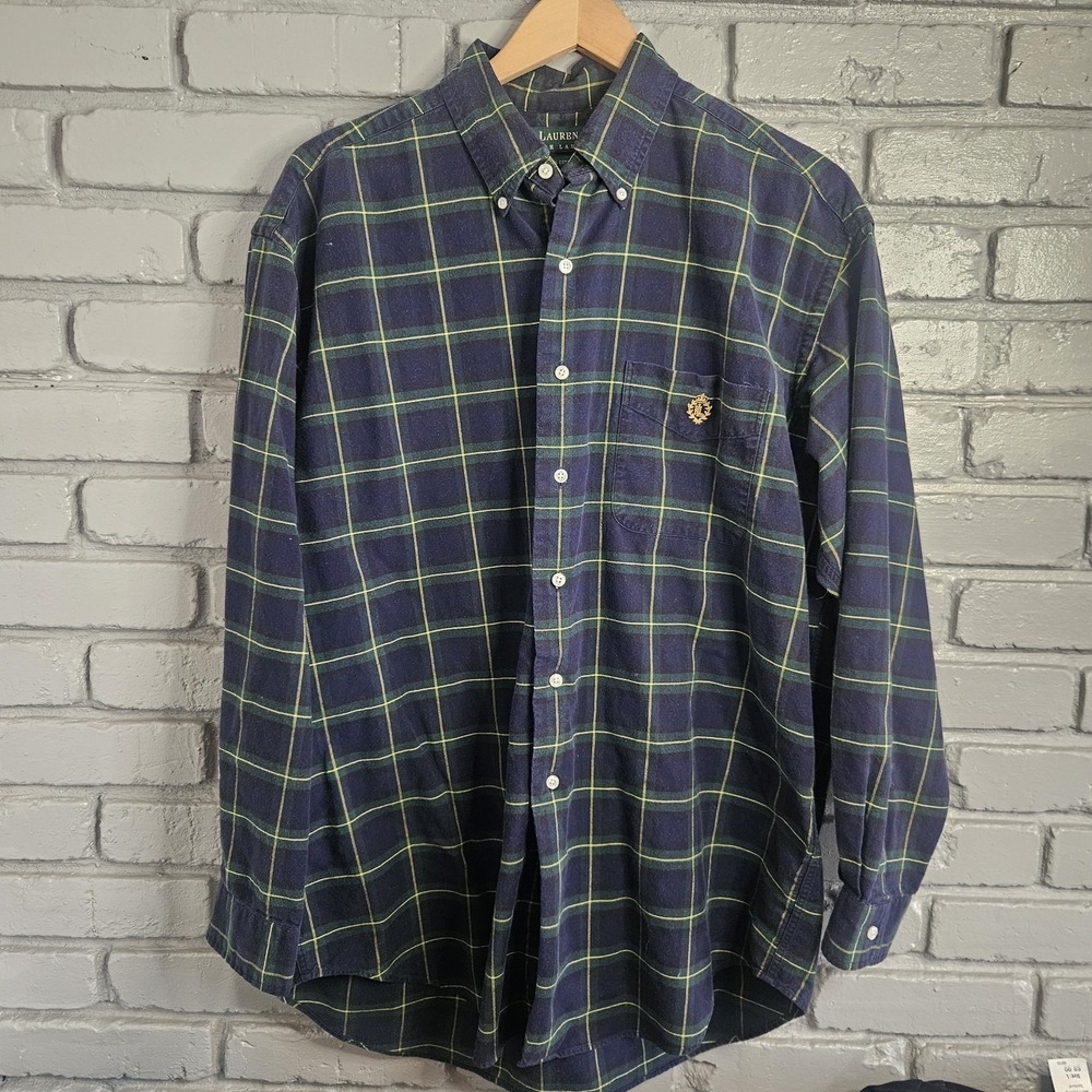 Vintage Ralph Lauren Mens Dress Shirt Large Crest Blue Green Tartan Stripe